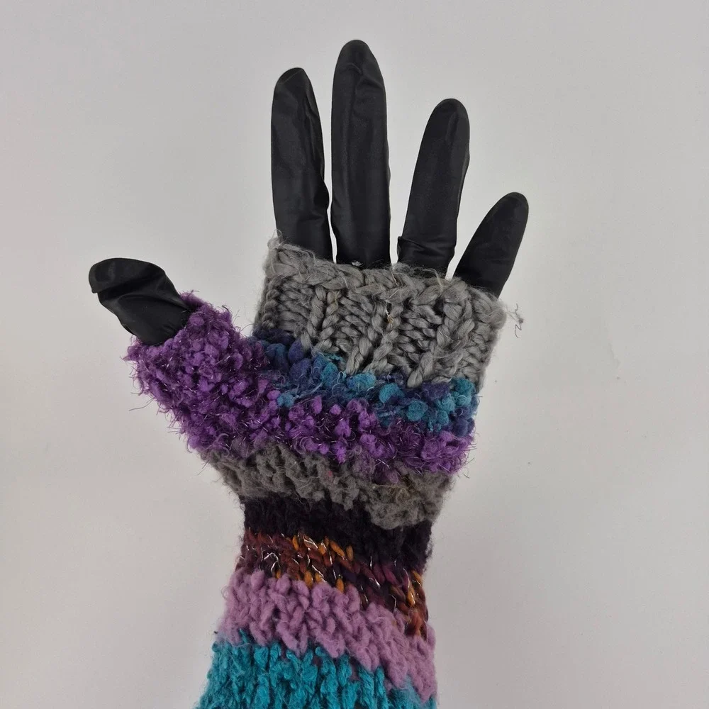 Boho Multi Color Striped Chunky Knit Fingerless Gloves Arm Warmers One Size